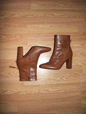 Women's Brown Leather Block Heel Ankle Boots